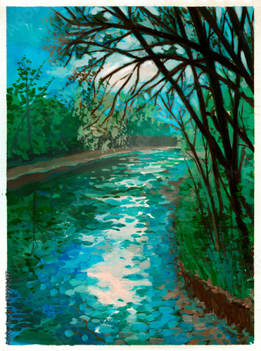 tempera drawing of a lake with sun and forest reflection, with a tree in the foreground