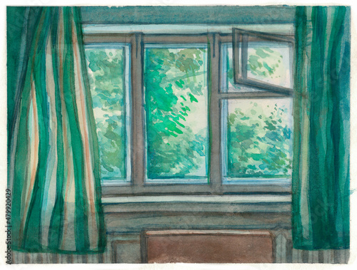 watercolor drawing of window with curtains overlooking green trees