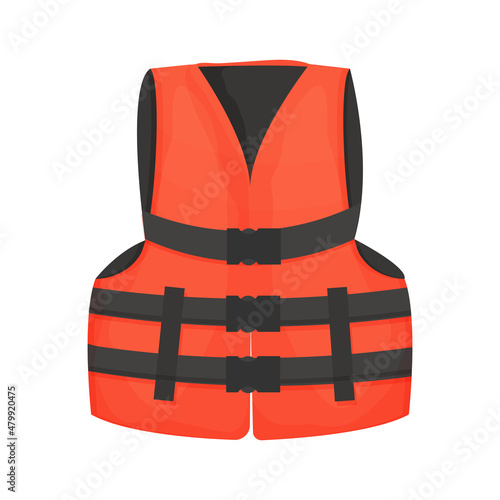 Life rescue jacket, vest with belts in cartoon style isolated on white background. Clothes for safety, uniform for lifeguard, water security.