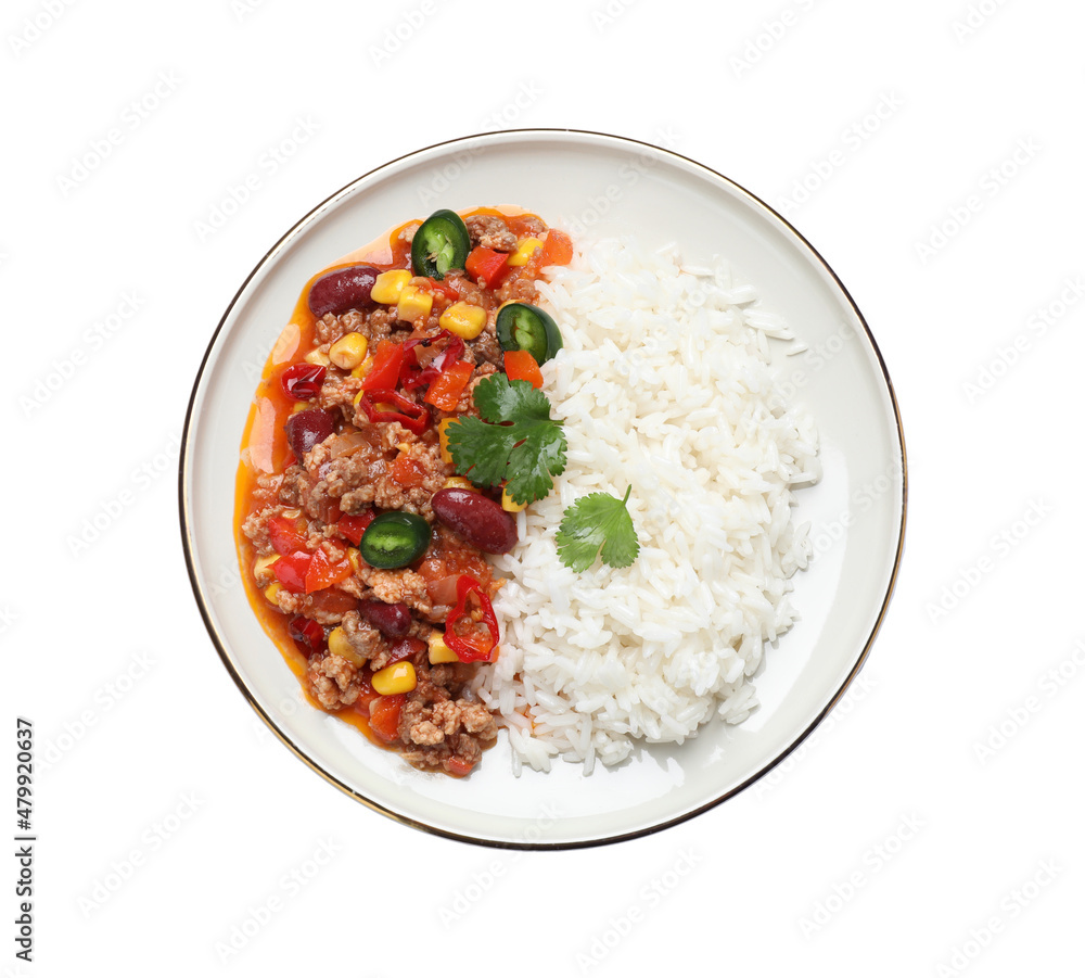 Plate of rice with chili con carne on white background, top view Plate of rice with chili con carne on white background, top view