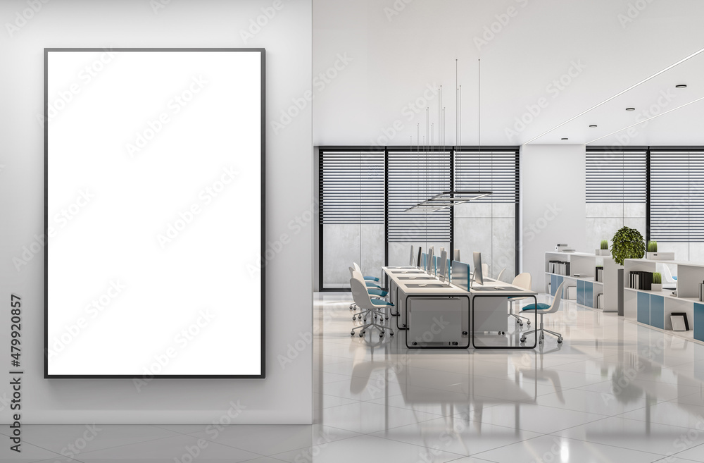 Modern coworking concrete office interior with empty mock up poster on wall, window and city view, furniture, equipment and other objects. 3D Rendering. - obrazy, fototapety, plakaty 
