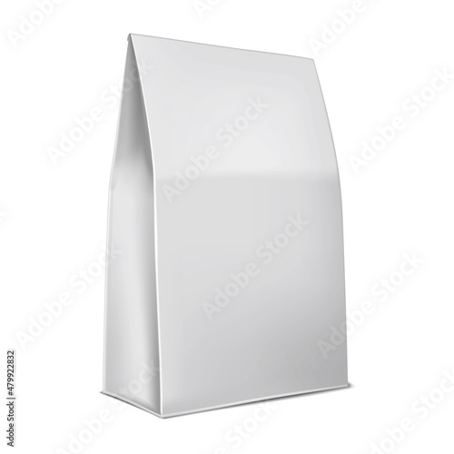Blank paper gusseted bag vector mock-up. White stand-up pouch mockup. Food snack packaging realistic template