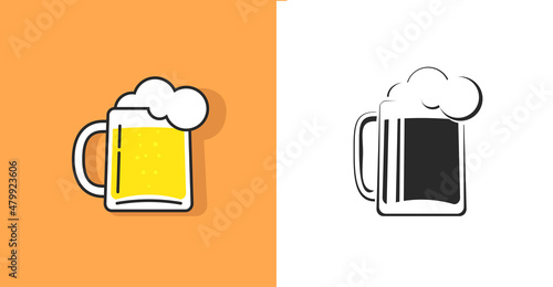 Beer mug or pint ale glass vector isolated icon as color line outline and black white retro style silhouette shape with foam flat cartoon illustration