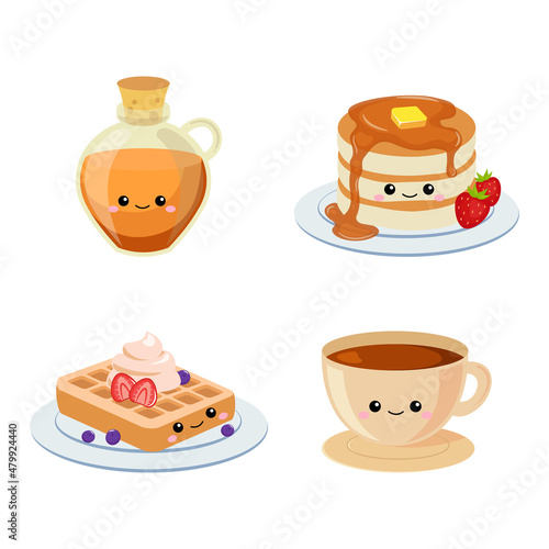 Cute cartoon pancake and waffle set. Flat vector cartoon design