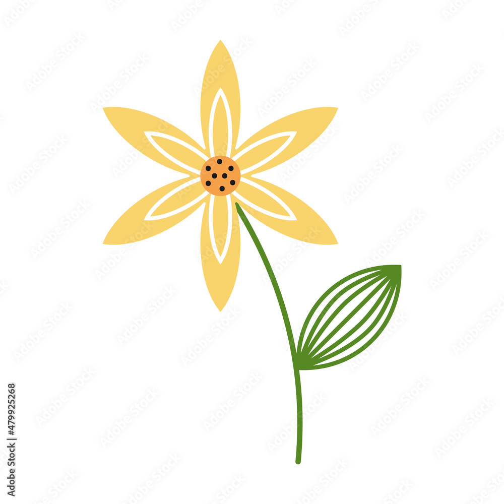 Cute yellow flower with orange center. Vector botanical clipart.
