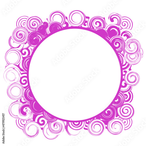 Illustrated pink-violet circular frame decorated with ornaments on a white background