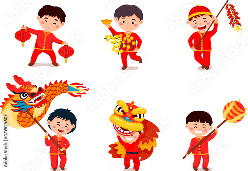 Happy Chinese lunar new year, Cute Asian Chinese Children Cartoon Set.Vector illustration