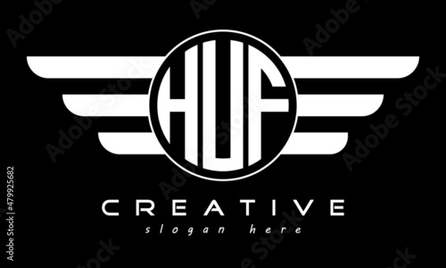 HUF three letter monogram type circle letter logo with wings vector template.