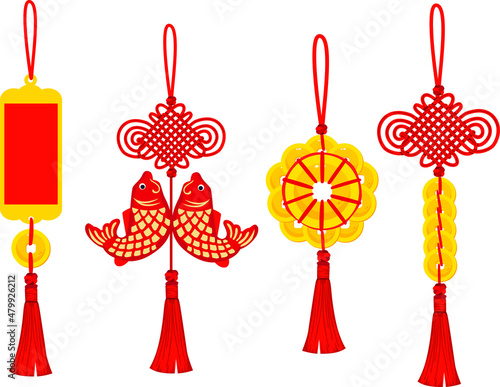 Chinese knots.Traditional lucky knot tassel hanging mascot decoration with gold and jade disks isolated on white vector background illustration