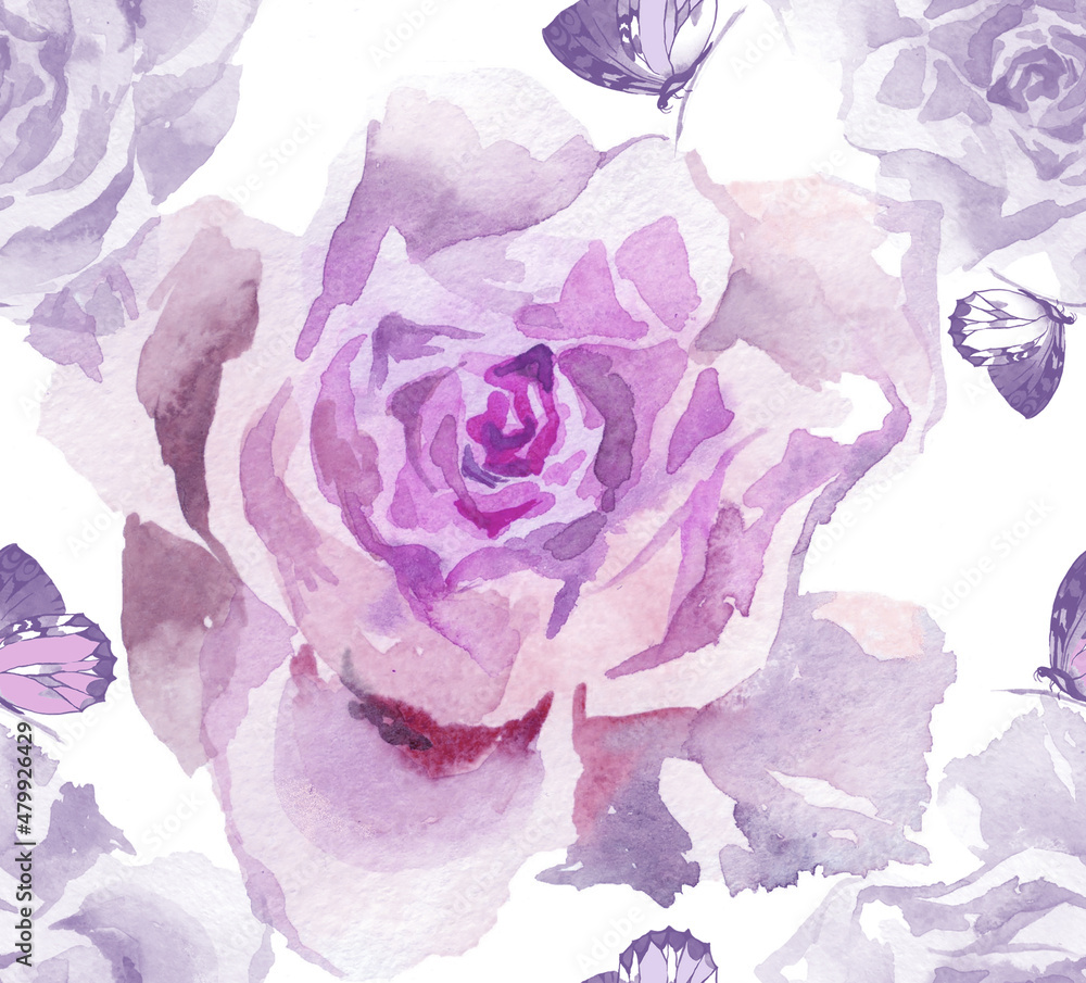 Light purple rose watercolor on white background seamless pattern.
