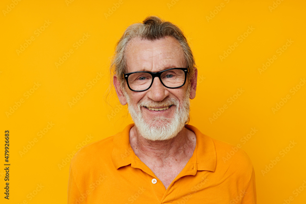 cheerful old man gray beard glasses yellow background cheerful old man gray beard glasses yellow background