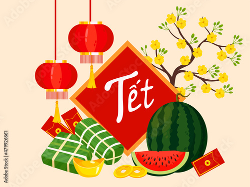 Vietnamese new year concept. Translation "Tet": Lunar new year. Flat style design. Concept holiday card, poster, banner.