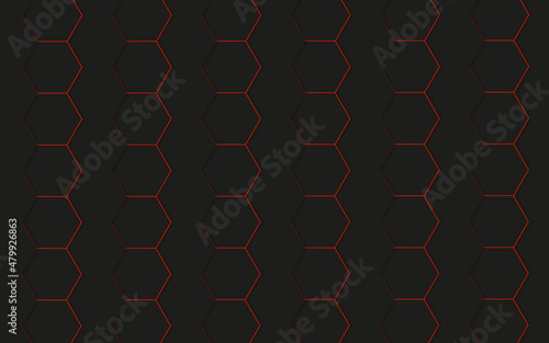 Abstract grey and red hexagons background 3d render vector illustration. Grey technologic carbon background with red glowing. 