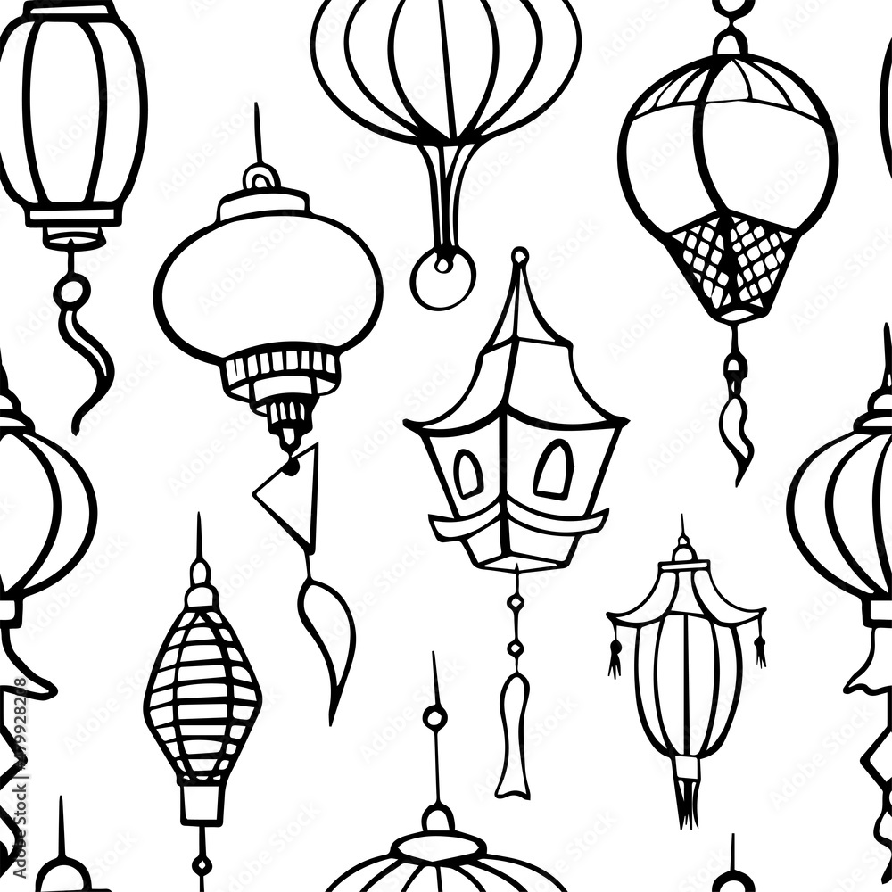 Doodle vector seamless pattern of chinese paper lanterns. Flat icons oriental decoration of china culture. Illustration of asian celebration festival decor. Hand draw traditional lights isolated on Doodle vector seamless pattern of chinese paper lanterns. Flat icons oriental decoration of china culture. Illustration of asian celebration festival decor. Hand draw traditional lights isolated on