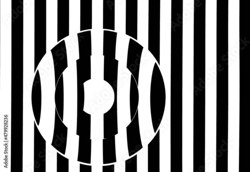 Magnifying lenses against black and white stripes creating illusion of refraction of light