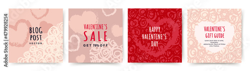 Social media post templates with hearts and texture. Sales promotion on Valentine s Day. Vector pink background for holidays greeting card  mobile apps  banner design and web 
