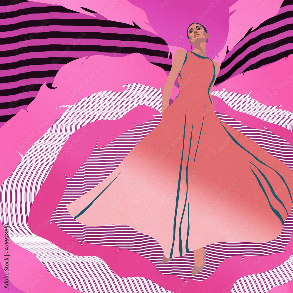 Ilustracja młoda kobieta w różowej sukience w tanecznej pozie na kolorowym tle