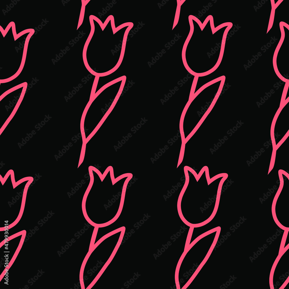 A pattern with pink tulips on a black background. A simple vector background for doodle-style design for packages, websites, fabric printing and postcards. Spring romantic illustration. A pattern with pink tulips on a black background. A simple vector background for doodle-style design for packages, websites, fabric printing and postcards. Spring romantic illustration.