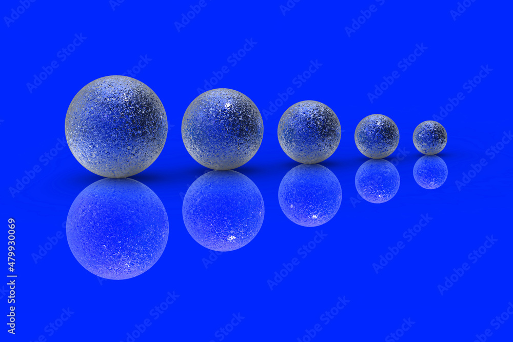 Five balls of metal of different sizes of blue color on blue background. Growth of something. Progress. Reflection. Horizontal image. 3D image. 3D rendering. Five balls of metal of different sizes of blue color on blue background. Growth of something. Progress. Reflection. Horizontal image. 3D image. 3D rendering.