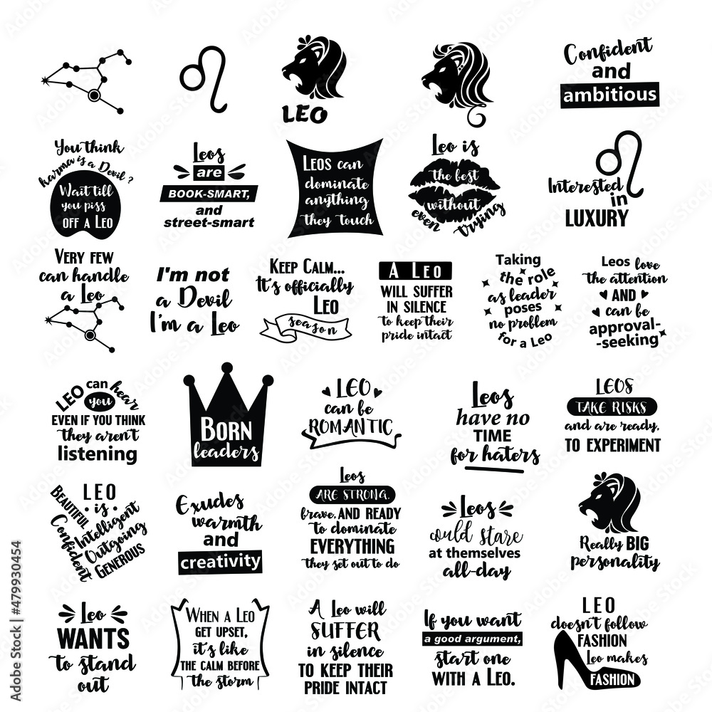 Lettering quotes about Zodiac sign Leo. Funny quotes. Doodle hand drawn  design elements for cards, posters, prints t-shirts Stock Vector | Adobe  Stock