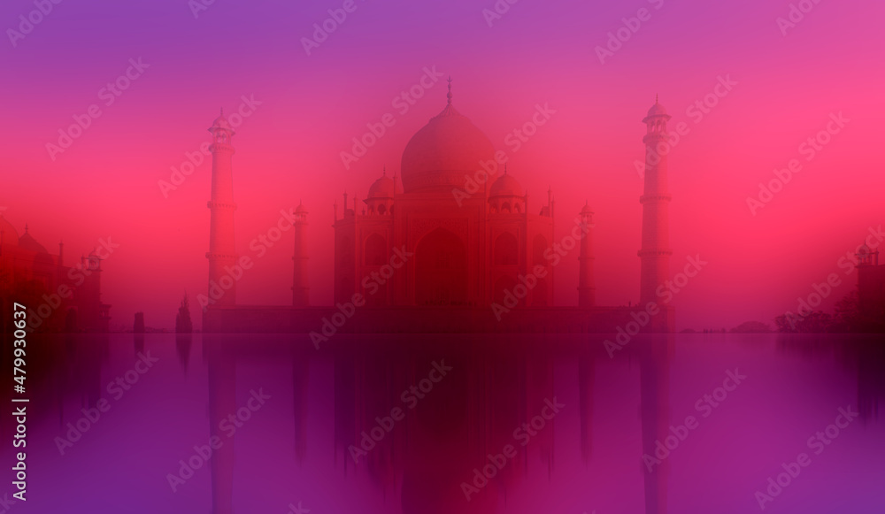 Blured photo of Taj Mahal at amazing pink sunset - Agra, India