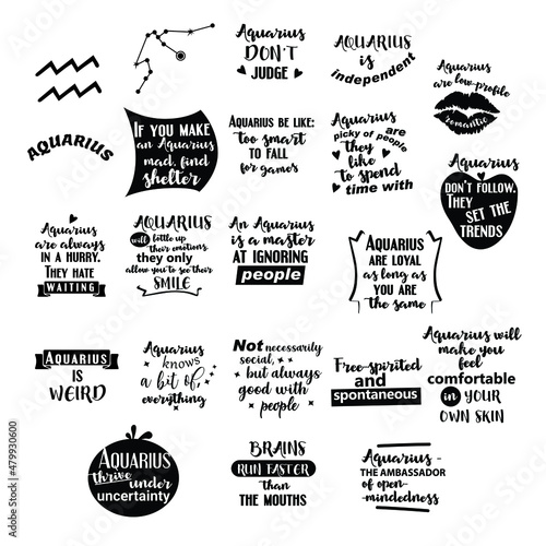 Lettering quotes about Zodiac sign Aquarius. Funny quotes. Doodle hand drawn design elements for cards, posters, prints t-shirts