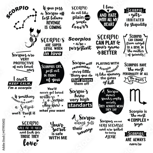 Lettering quotes about Zodiac sign Scorpio. Funny quotes. Doodle hand drawn design elements for cards, posters, prints t-shirts