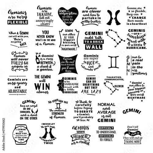 Lettering quotes about Zodiac sign Gemini. Funny quotes. Doodle hand drawn design elements for cards, posters, prints t-shirts