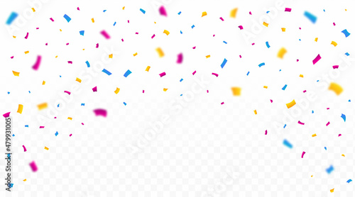 Colorful confetti and tinsel falling vector. Shiny confetti and tinsel falling isolated on white background. Festival elements vector. Anniversary and birthday celebration element.