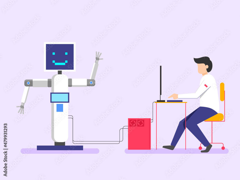 male researcher in white clothes program a robot in his computer. Artificial intelligence science. Flat style vector illustration male researcher in white clothes program a robot in his computer. Artificial intelligence science. Flat style vector illustration