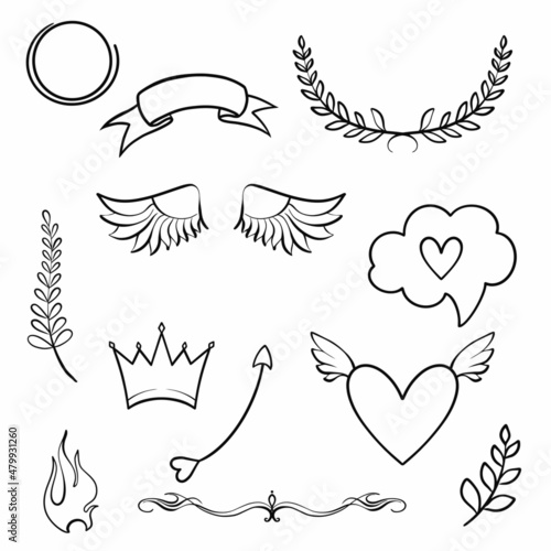 Modern love doodle set, great design for any purposes. Design elements. Hand drawn vector illustration. Doodle set element. Decorative print. Heart line drawing. Abstract vector illustration.