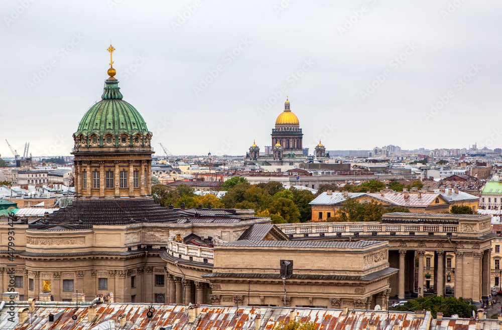 Top view of the buildings and roofs of the Kazan Cathedral and St. Isaac's Cathedrals. Saint Petersburg. Russia