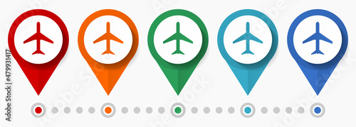 Plane, flight, airplane concept vector icon set, flat design pointers, infographic template