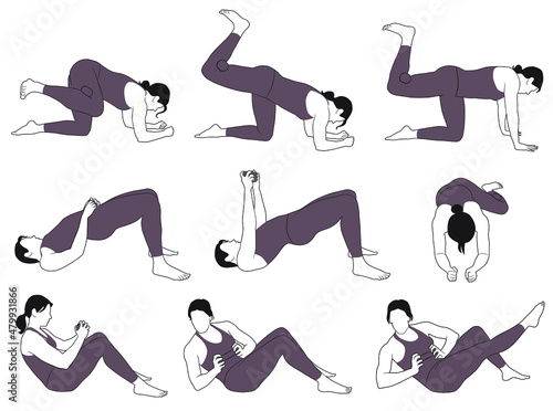 Vector icons of woman in sportive costume  doing fitness exercises with dumbbells. Contours of slim sportive girl in different sport positions isolated on white background. Fitness silhouettes.