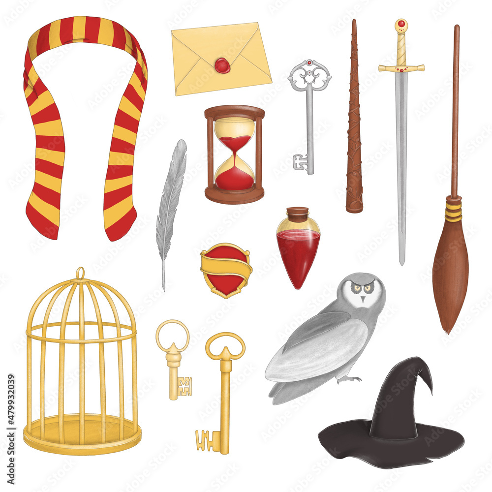 Fototapeta premium Magic set of illustrations in red and yellow colors with broomstick, owl, scarf and witchcraft tools. 