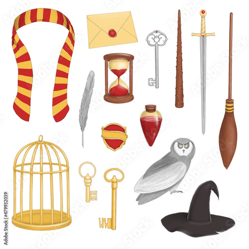 Magic set of illustrations in red and yellow colors with broomstick, owl, scarf and witchcraft tools.  photo