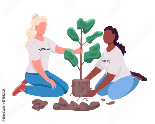 Volunteer girls caring for plant semi flat color vector characters. Active figures. Full body people on white. Friends isolated modern cartoon style illustration for graphic design and animation