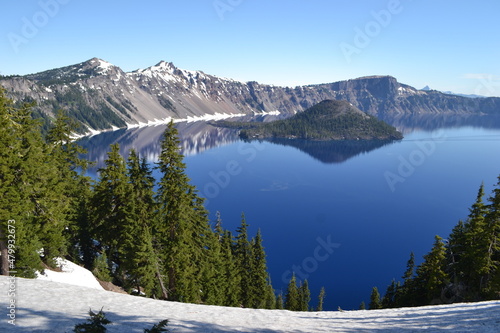 Crater lake in south-central Oregon in the western United States is the main feature of Crater Lake National Park and is famous for its deep blue color and water clarity.
