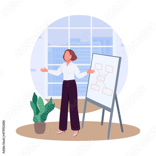 Woman on business presentation semi flat color vector character. Coaching figure. Full body person on white. Lecture isolated modern cartoon style illustration for graphic design and animation