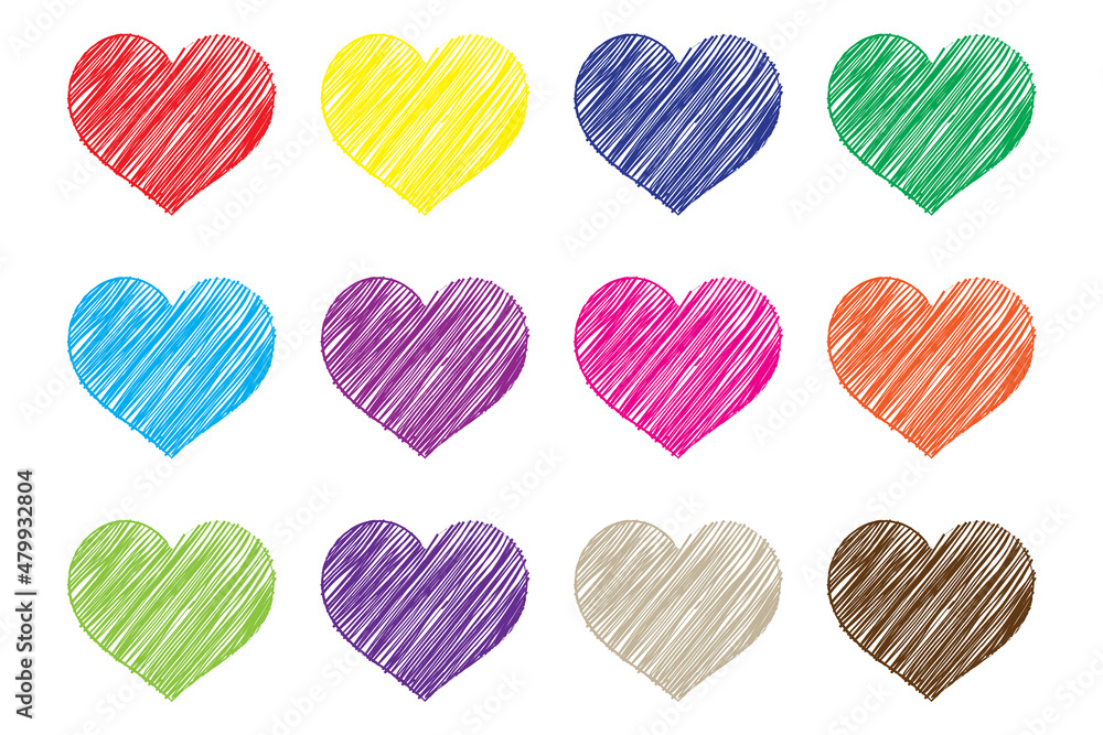 Set of colorful hand drawn hearts