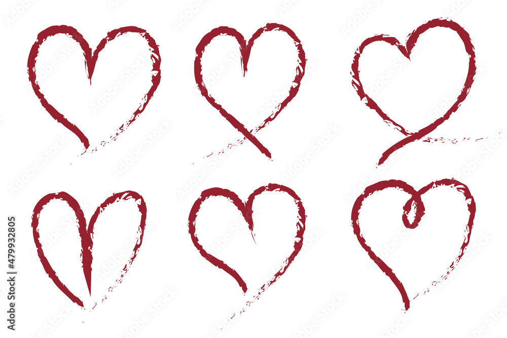 Set of red hand drawn hearts