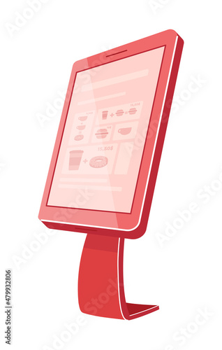 Red self service kiosk semi flat color vector object. Realistic item on white. Terminal for cashless transactions isolated modern cartoon style illustration for graphic design and animation