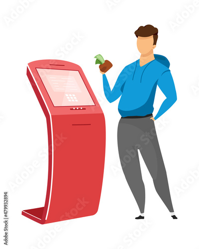 Man at self service kiosk semi flat color vector character. Standing figure. Full body person on white. Terminal isolated modern cartoon style illustration for graphic design and animation