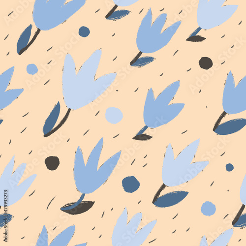Seamless pattern with spring flowers in blue and beige colors. Drawn with a dry brush.