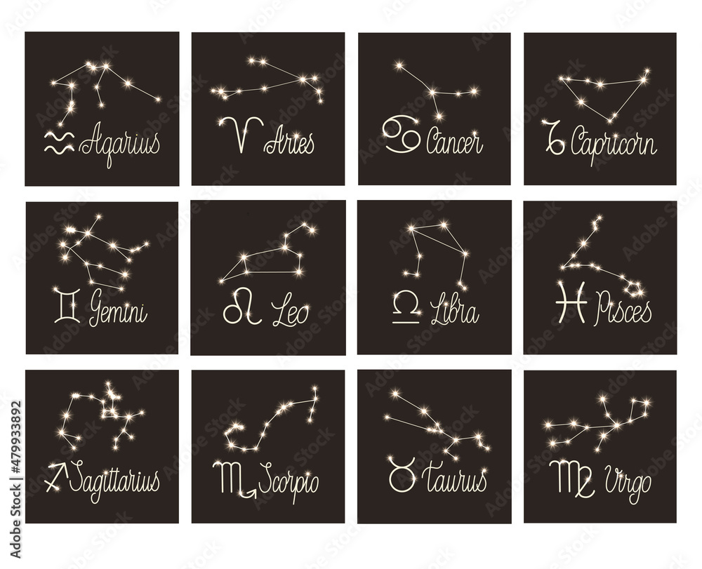 A set of zodiac signs with inscriptions, stars and constellations. Twelve signs on a brown background. Vector illustration A set of zodiac signs with inscriptions, stars and constellations. Twelve signs on a brown background. Vector illustration