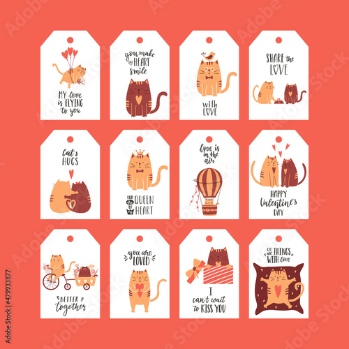 A set of gift tags with cute cartoon cats for Valentine's Day. Collection of present labels with illustrations and handwritten greetings and wishes Color vector illustrations on a white background.