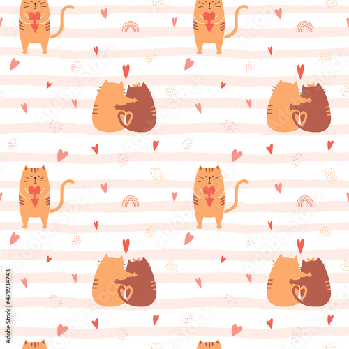 Seamless pattern with cute hugging cats and a cat holding a heart in its paws. Textured striped background with rainbow,hearts.For packaging design for Valentine's day, birthday. Vector illustrations.