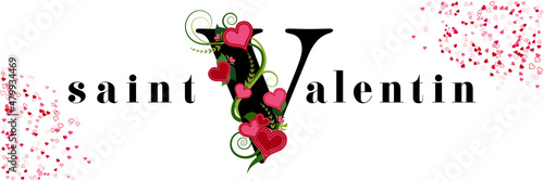 Bannière ou affiche pour la saint Valentin avec des cœurs et une création typographique originale, texte français - traduction : saint Valentin.