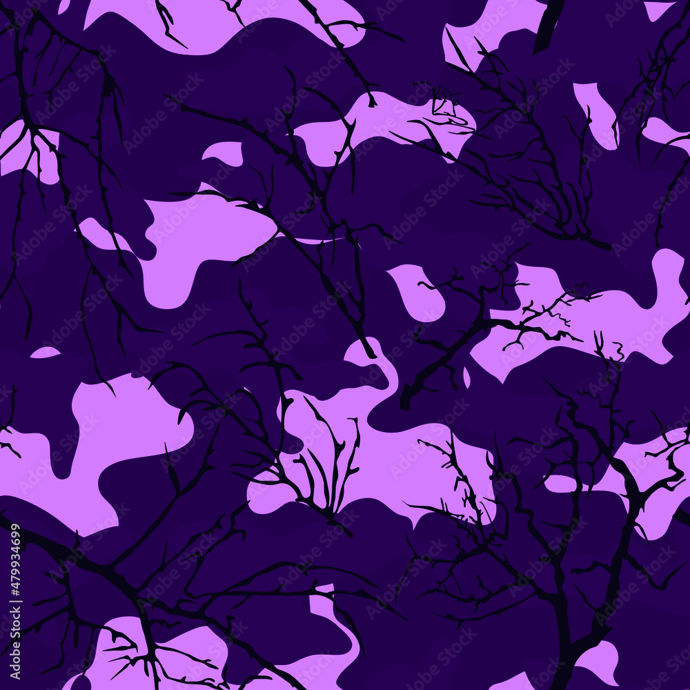 Camouflage with branches is pink. Vector print, seamless.