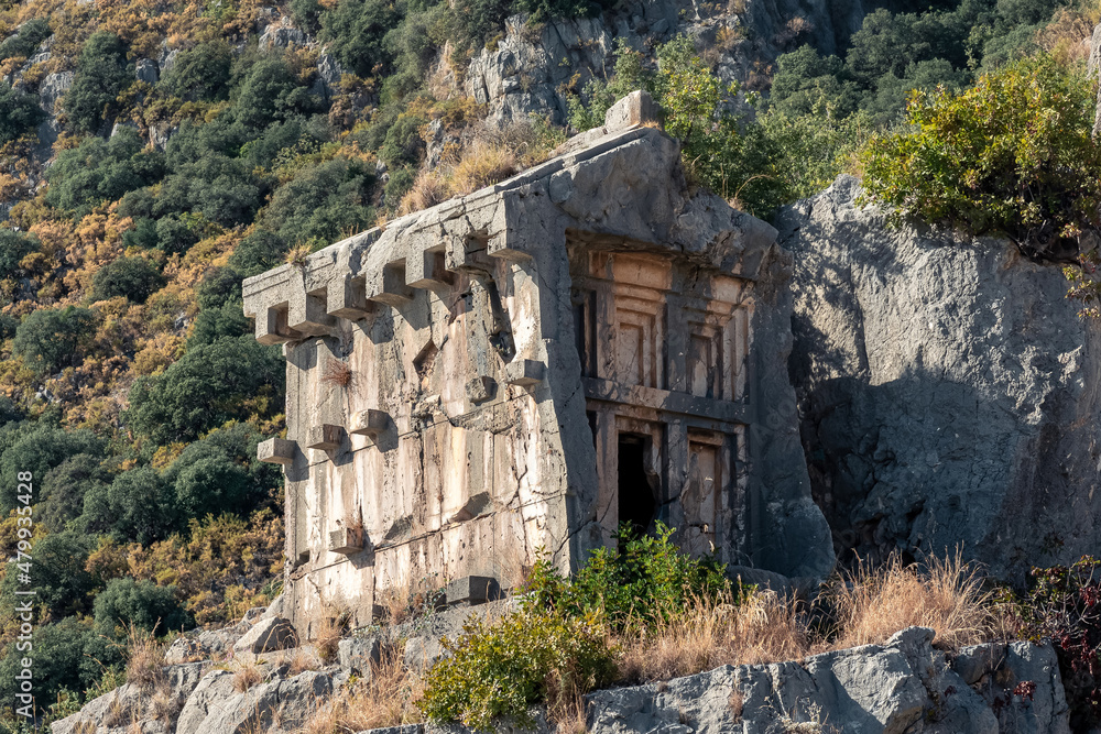 antique rock tomb on the mountainside in Myra Lycian (Demre, Turkey)